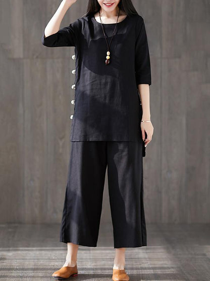 Solid Short Sleeves Shirt + Straight Leg Pants