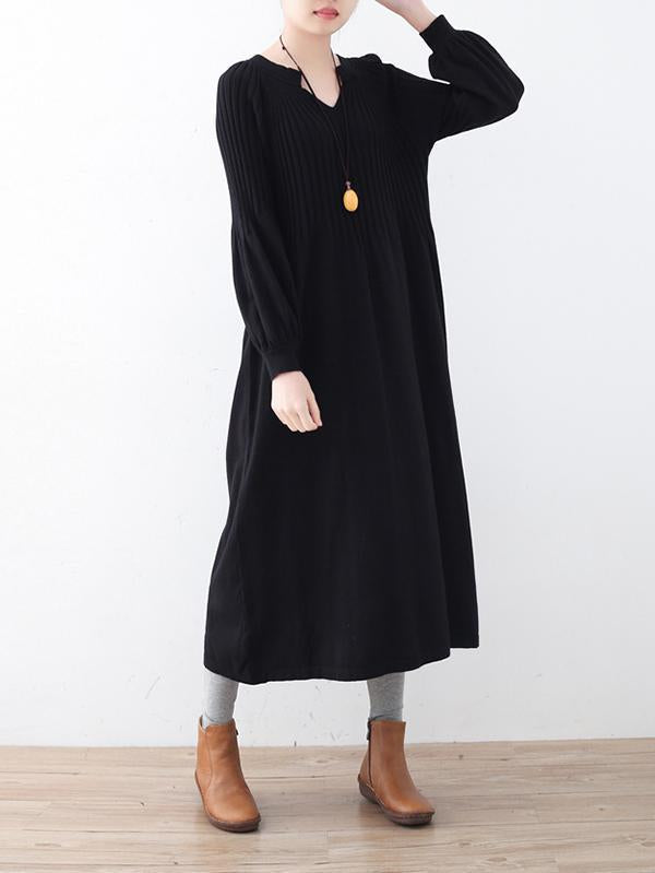 Solid Puff Sleeves Elastic Waist Sweater V-Neck Dress