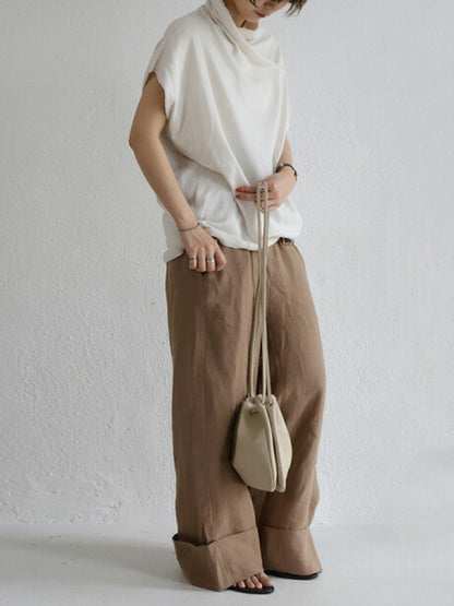 Casual Irregular Solid Color Pleated Heaps Collar Short Sleeves T-Shirt