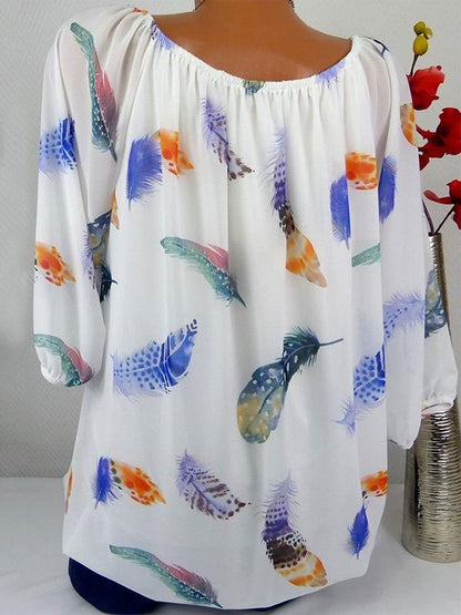 Large Feather Print T-shirt Off the Shoulder