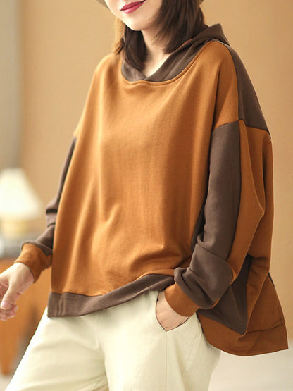 Casual Split-Joint Contrast Color Batwing Sleeve Hoodies