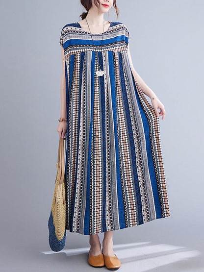 Casual Split-Joint Striped Round-Neck Short Sleeves Loose Midi Dress