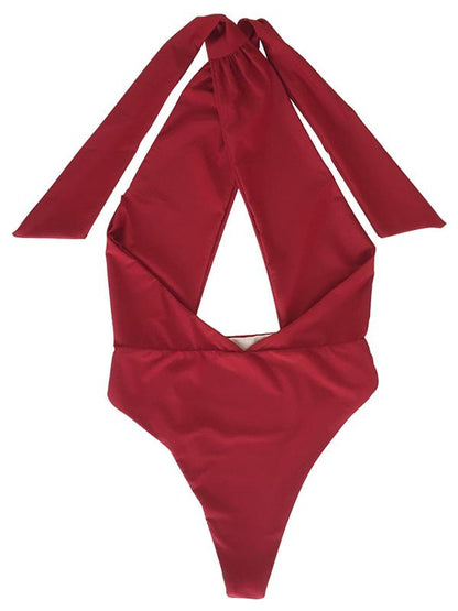 Solid Bandage Halter-neck One-piece Swimwear