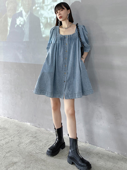Stylish Denim Blue Pleated Square-Neck Half Sleeves H-Line Mini Dress