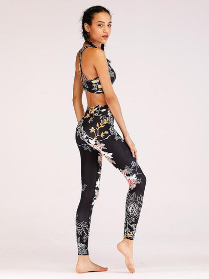 Floral Printed Spaghetti-neck Tank And Legging Yoga Suits