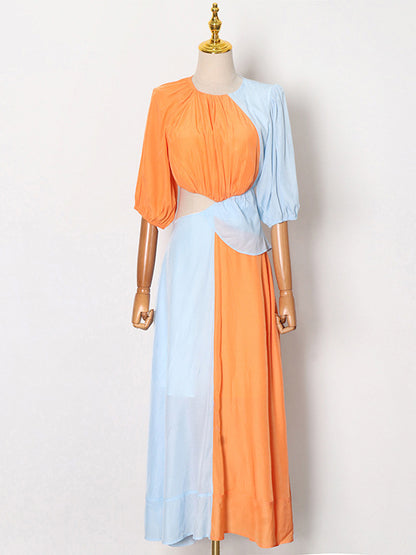 Stylish Contrast Color Split-Joint Round-Neck Raglan Sleeve Maxi Dress