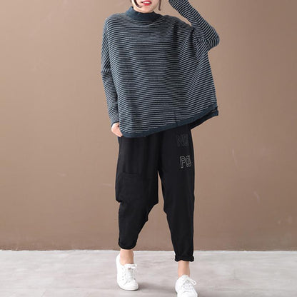 Buykud Loose Literary Half-high Collar Striped Knitted Shirt