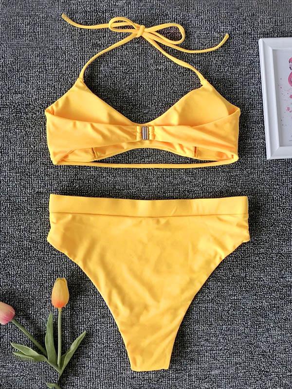 Solid Color Simple Bandage Split Bikini Swimsuit