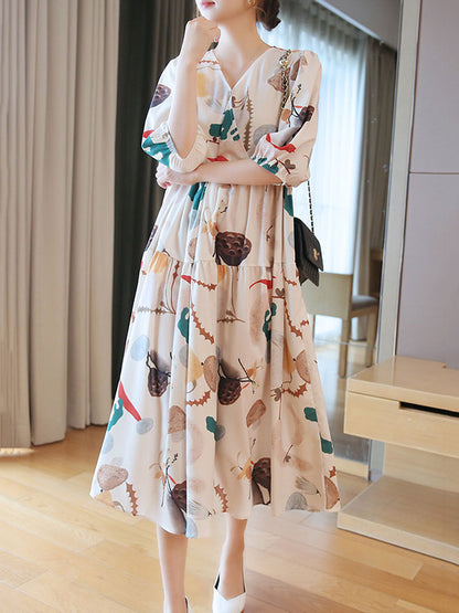 Original Printing Split-Joint V-Neck Midi Dress
