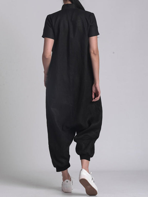 Simple Black Stand Collar Low Crotch Short Sleeves Jumpsuits
