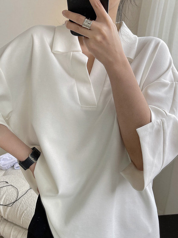 Girlish Loose Black&White V-Neck Half Sleeves T-Shirts