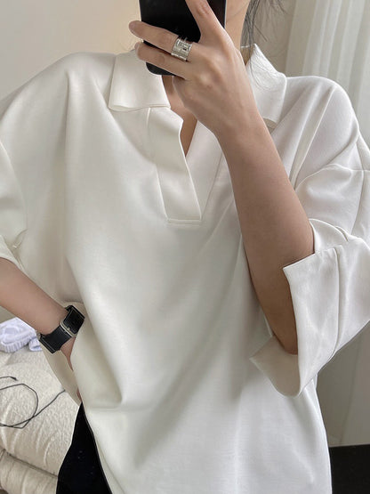 Girlish Loose Black&White V-Neck Half Sleeves T-Shirts