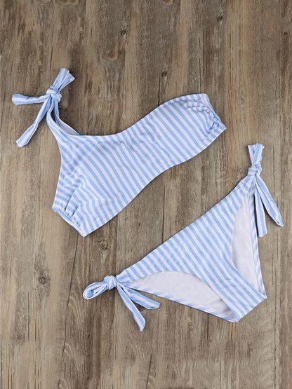 Striped Bandeau Lace Up Bikinis Swimwear