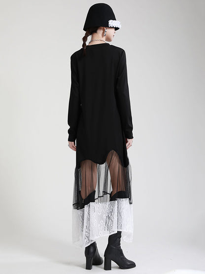Stylish Original Split-Joint Embroidered Hollow Lace Round-Neck Long Sleeves Maxi Dress