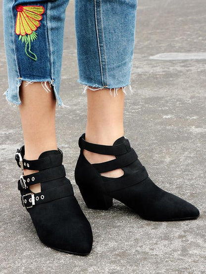 Vintage Hollow Buckle Pointed Booties