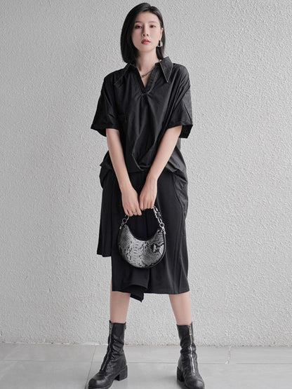 Urban Solid Color High-Low Batwing Sleeves Lapel V-Neck Shirts