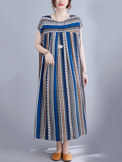 Casual Split-Joint Striped Round-Neck Short Sleeves Loose Midi Dress