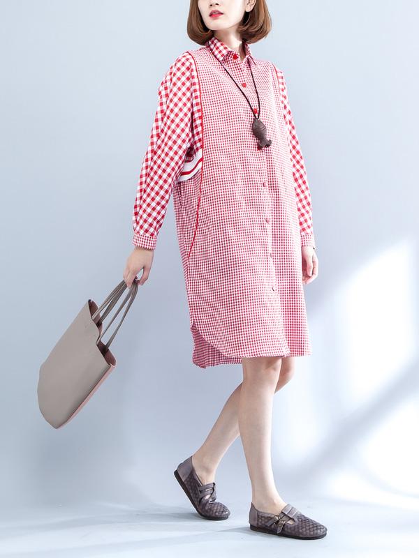 Literary Plaid Split-joint Long Dress