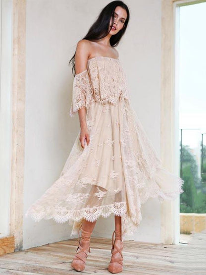 Asymmetric Lace Split-joint Off-the-shoulder Maxi Dress