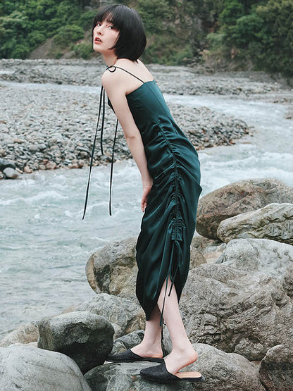 Fashion Ruffled Drawstring Bandage Spaghetti-Neck Midi Dress