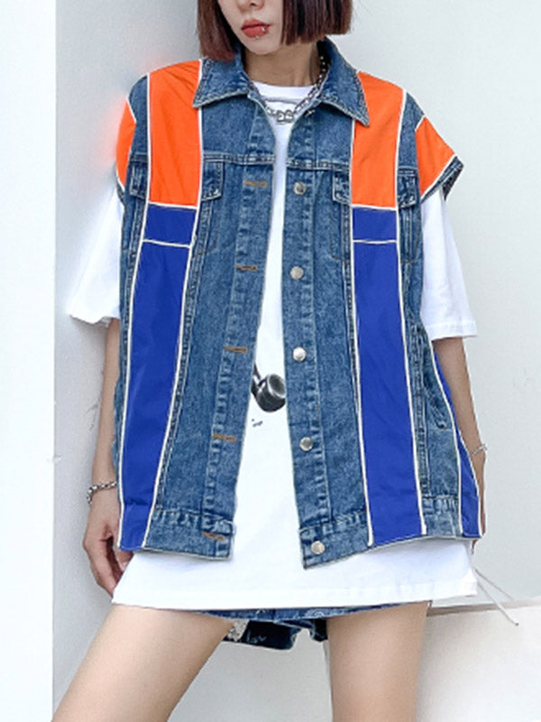 Stylish Split-Joint Striped Lapel Collar Sleeveless Denim Vest Outwear