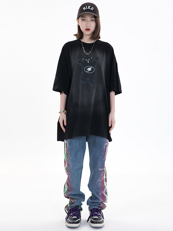 Vintage Round-Neck Bear Print Loose T-Shirts Tops