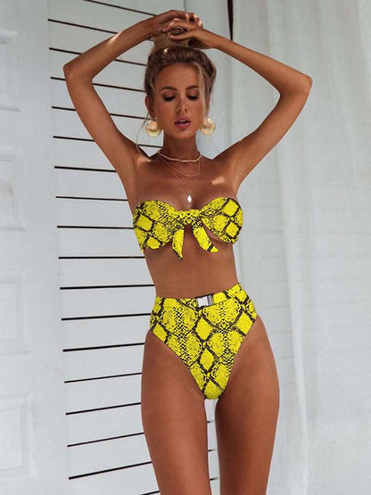 Leopard Print Bowknot High Waisted Bikini Swimsuit