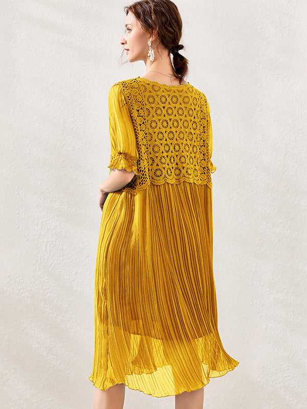 Original Loose Hollow Split-Joint Pleated Falbala Midi Dress