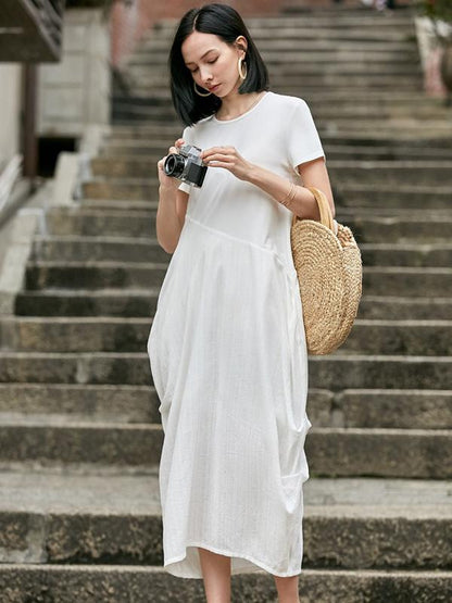 Loose White Split-joint Cropped Round-neck Long Dress