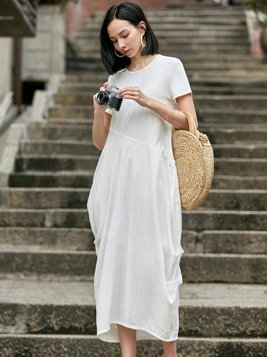 Loose White Split-joint Cropped Round-neck Long Dress