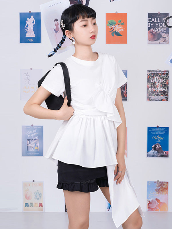 Fashion White Pleats Asymmetric Split-Joint Round-Neck T-Shirts Top