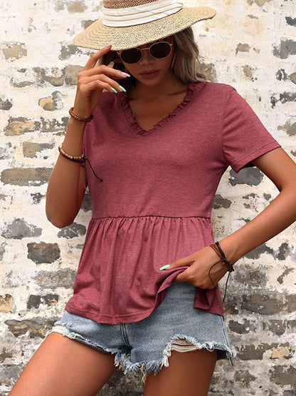 Simple Causal Solid Color Pleated Falbala T-Shirt Top