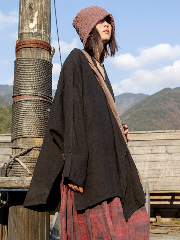 Artistic Retro Irregular Ramie Cotton Pleated V-Neck Long Sleeves T-Shirt