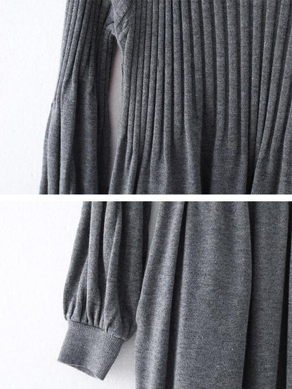 Solid Puff Sleeves Elastic Waist Sweater V-Neck Dress