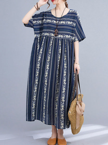 Vintage Striped Printed Round-Neck Short Sleeves Midi Dress