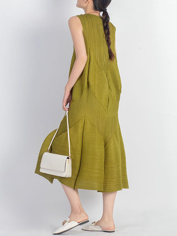 Casual Sleeveless Loose Pleated Solid Color Round-Neck Midi Dresses