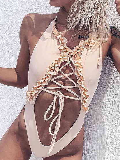 Falbala Lace-Up Backless One Piece Swimwear