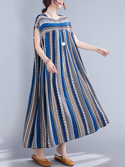 Casual Split-Joint Striped Round-Neck Short Sleeves Loose Midi Dress