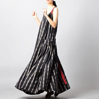 Buykud Retro Stripe Plaid Lacing Loose Black Slip Dress