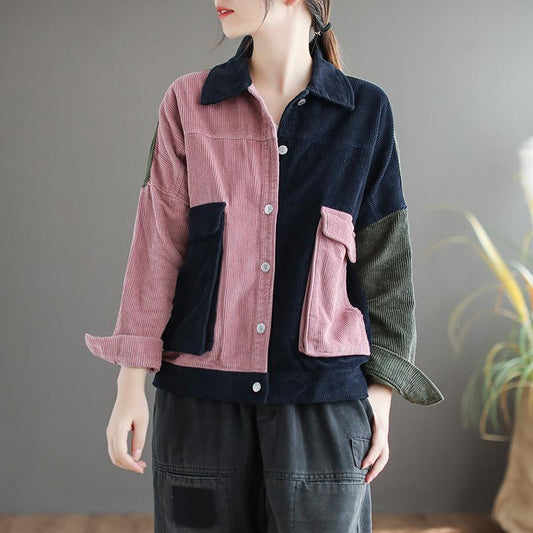 Buykud Turn-down Collar Contrast Color Retro Corduroy Coat