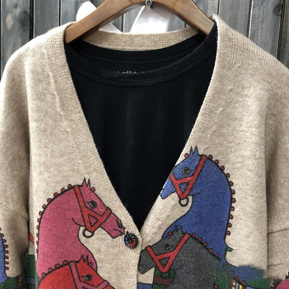 Buykud Cartoon Horse Printed V-neck Knitted Coat