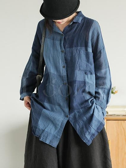 Retro Linen Plaid Long Shirt