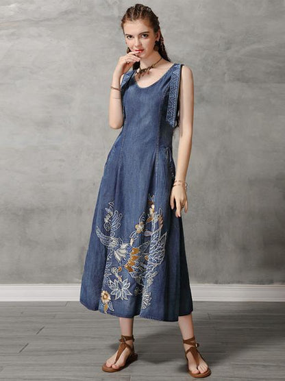Original Retro Embroidered Hemline Denim Long Dress