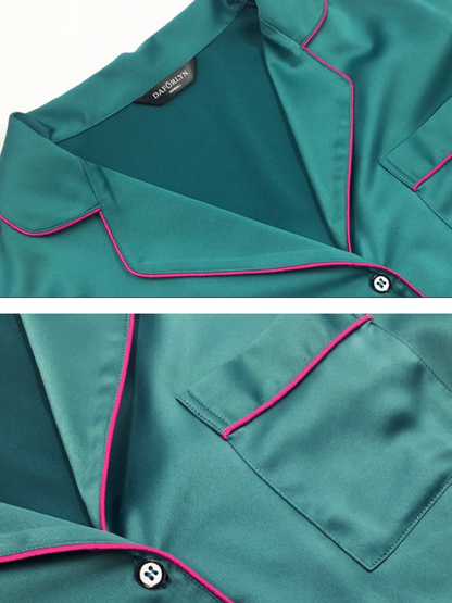 Casual Solid Color Notched Collar Short Sleeves Shirts+ Elastics Shorts Pajama
