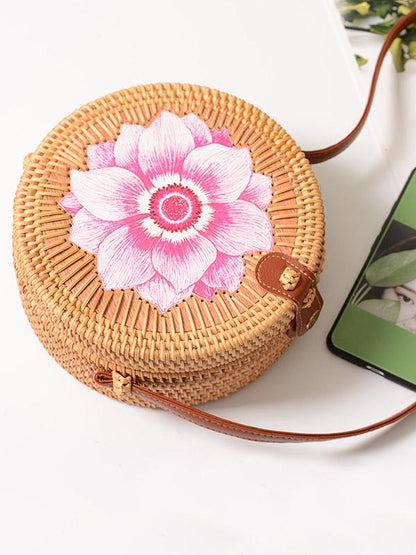Forest Style Rattan Flower Pattern Round Bag