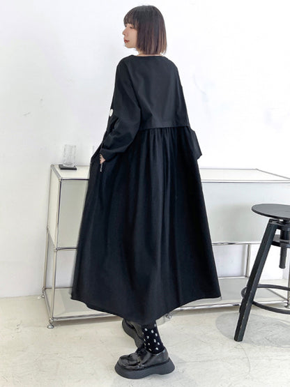 Stylish Split-Joint Pleated Polka-Dot Round-Neck Long Sleeves Midi Dress