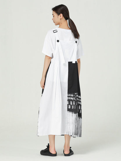 Stylish Irregular Graffiti Printed Split-Joint Strap Dress