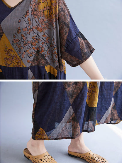 Vintage Printed V-Neck Half Sleeves Midi Dress