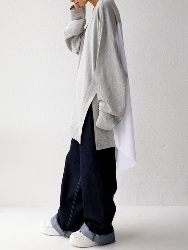 Casual Loose Color Matching Buttoned Split-Joint Split-Side High-Low Round-Neck Long Sleeves Sweatshirt