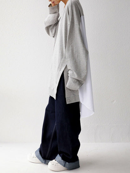 Casual Loose Color Matching Buttoned Split-Joint Split-Side High-Low Round-Neck Long Sleeves Sweatshirt